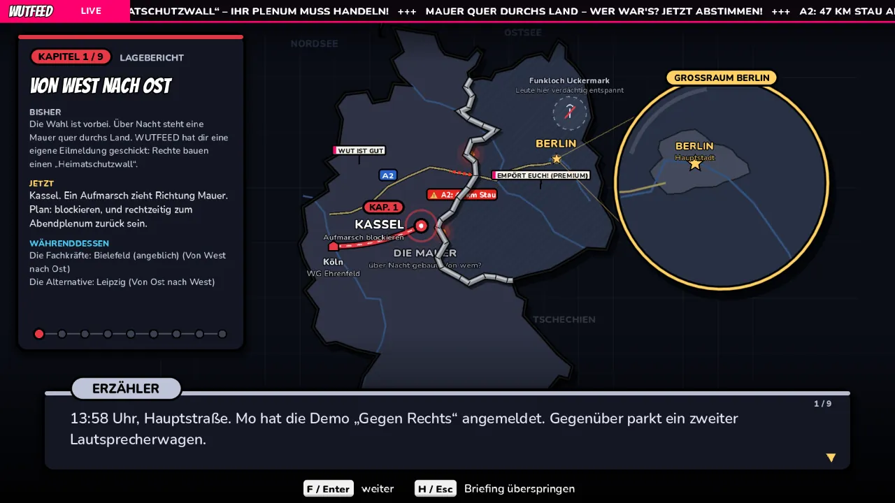 Kampagnenkarte: Deutschland mit Mauer, die Route der Antifa Richtung Osten, daneben der Lagebericht zu Kapitel 1.